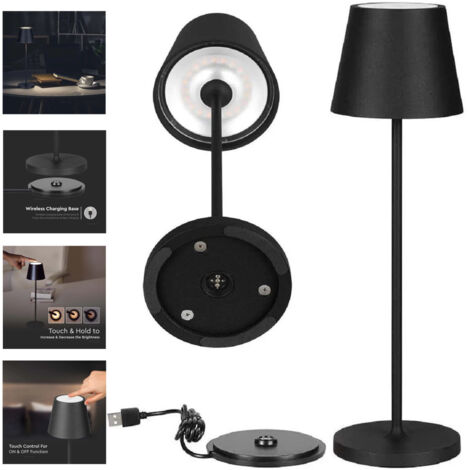 Trade Shop - Lampada Por Tavolo Led Dimmerabile Touch Nera Wireless Luce Bianca Calda 3000k 2w - (1/5)