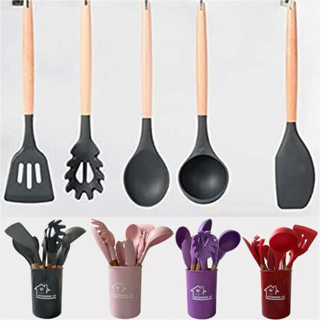 Trade Shop - Set 12 Utensili Da Cucina In Silicone Con Manico Legno Antiaderenti Resistenti - (1/5)