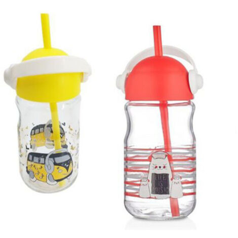 Trade Shop - Bicchiere In Vetro Con Cannuccia Bambini Con Coperchio E Manico Colorato 370 Cc - (1/2)
