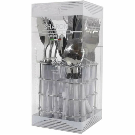 Trade Shop - Servizio Posate 24 Pezzi Bianco In Acciaio Inox Con Stand Sharon Tavola Cucina - (1/2)