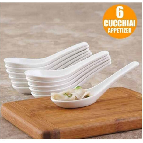 Trade Shop - Set 6 Pezzi Cucchiaini Per Antipasto Aperitivo In Ceramica Bianca 2 X 4 X 12,5cm - (1/2)