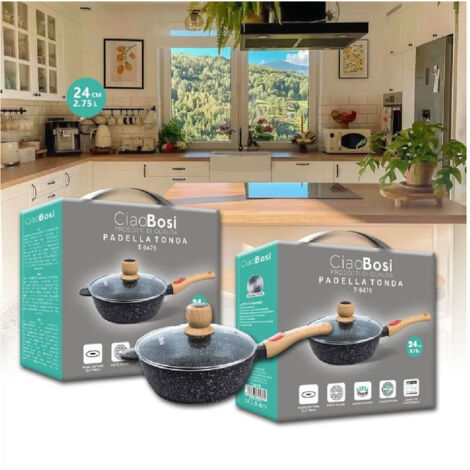 Trade Shop - Padella Tonda T-9476 Cucina 24cm 2.75lt Con Manico Coperchio Per Piano Cottura - (1/5)