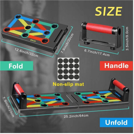 Tavola Per Flessioni 12 In 1 Pieghevole, Multifunzione Per Allenamento A Casa. Sistema Di Posizionamento Mani Codificato A Colori (Petto, Spalle, Schiena, Tricipiti). Include 2 Bande Elastiche E Tappetini Antiscivolo.
