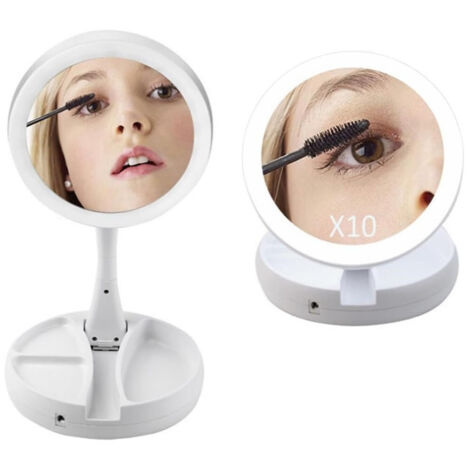 Trade Shop - Luz Del Espejo De Maquillaje Led De La Mesa De Doble Cara 10x / 1x 360 ° Contenedor Portátil Plegable - (1/5)