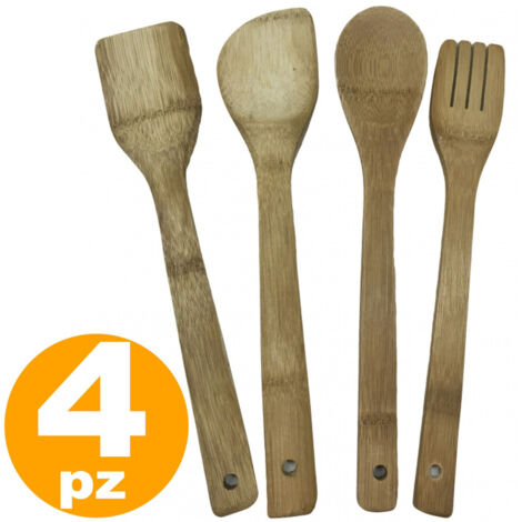 Set 4 Utensilios Cocina Bambú Madera Cucharón Tenedor Espátula - (1/2)