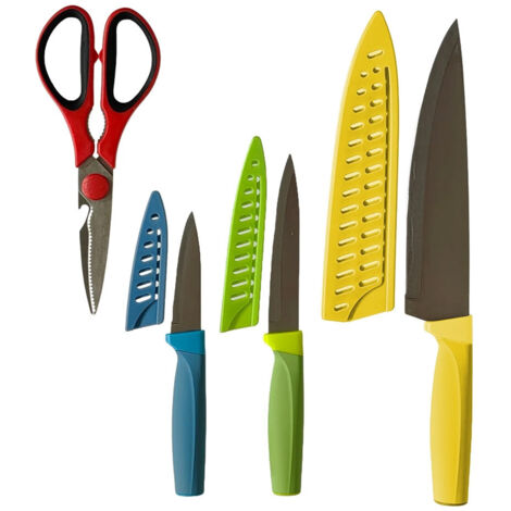 Trade Shop - Set 3 Cuchillos De Chef Fruta Multiusos Con Cubiertas + Tijeras De Acero Utensilios De Cocina - (1/2)
