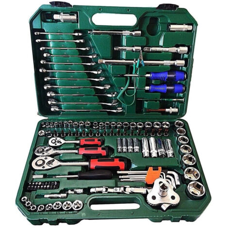 Trade Shop - Werkzeugsatz, 121-teilig, Steckschlüssel, Ratschenwerkzeuge, 1/4 Zoll, 3/8 Zoll, 1/2 Zoll - (1/3)