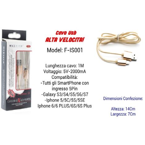 Trade Shop - USB KABEL SCHNELLLADUNG IPHONE GALAXY 5VOLT-2000MA 1.00MT 5 PIN MAXTECH F-IS001 - (1/3)