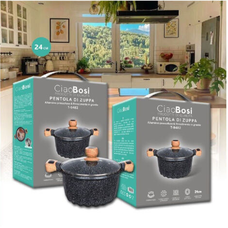 Trade Shop - PENTOLA TEGAME FÜR ZUPPA RIVESTITO IN GRANITO MIT COPERCHIO VETRO 24 CM T-9482 - (1/5)