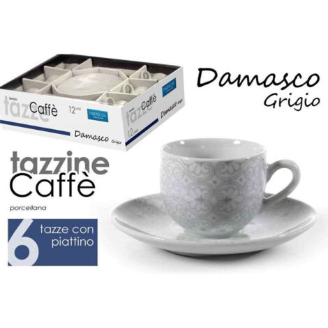 Trade Shop - SET 6 STÜCK KAFFEETASSEN UNTERTASSE KLASSISCH MODERN DAMAST GRAU PORZELLAN 720383 -