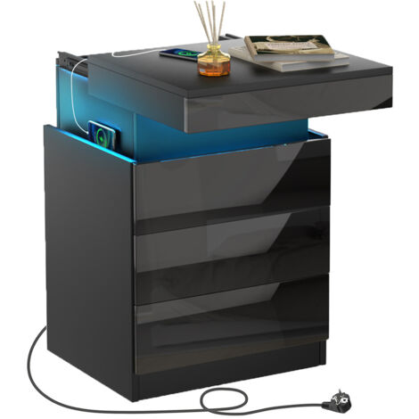Mesita de noche led, mesitas de noche inteligente, 3 Cajones y Mando a Distancia, Almacenamiento extra en la Solapa, Mesa Auxiliar, Estilo Moderno para cualquier cama y dormitorio 45x40x67cm