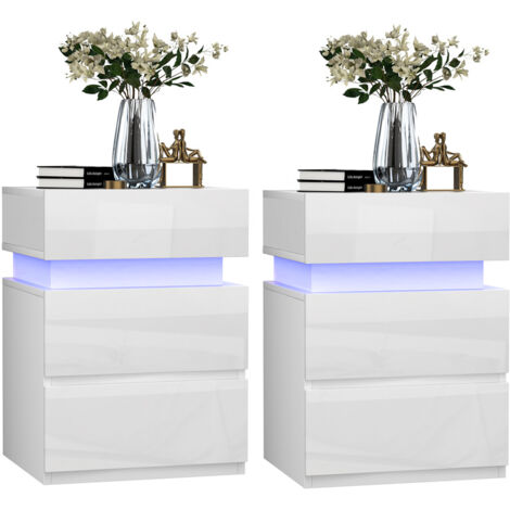 Juego de 2 mesitas de noche con LED, color blanco brillante con 3 cajones, LED ajustable en 16 colores, mesita auxiliar para dormitorio, salón, moderna, 35 x 40 x 56 cm