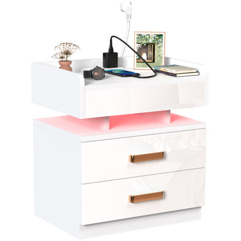 Mesita de Noche de Alto Brillo con Enchufe Dormitorio Mesitas de Noche con Tira de luz led Blanco Mesa Auxiliar con 2 Cajones para Sala de Estar (1/5)