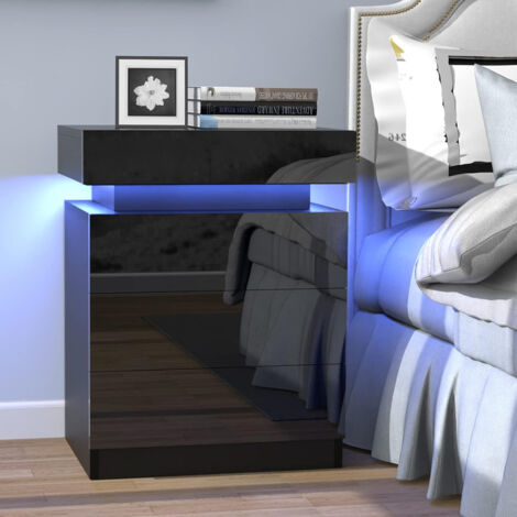 Chleby Mesita de Noche con luz LED, Mesitas de Noche LED con 3 Cajones, frentes de Alto Brillo y Luces LED Ajustables de 16 Colores de Almacenamiento para la Cama, salón o el Dormitorio (1/5)