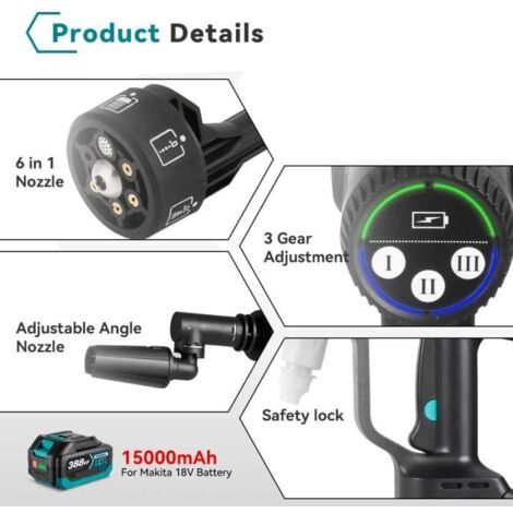 LifeImpree Nettoyeur Haute Pression Sans Fil 21V - 6 En 1 - LED Tactile Intelligente - 9 Niveaux Progressifs - Avec 2 Batteries 3Ah - Bricolage