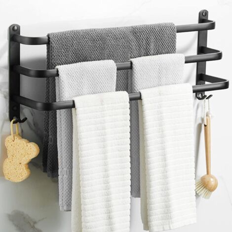 Porte Serviette Murale,Porte Serviette Salle de Bain,Porte-Serviettes Adhésif Noir Mat, Porte-Serviettes en Alliage d'Aluminium Non Perforé (40cm, Three Bars) (1/5)