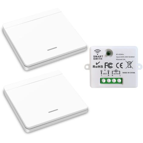 Interrupteur d'éclairage sans fil, interrupteur de sécurité de l'émetteur RF et contrôleur de récepteur 10A, installation facile pour lampe jusqu'à 1500W(1 récepteur et 2 commutateurs)