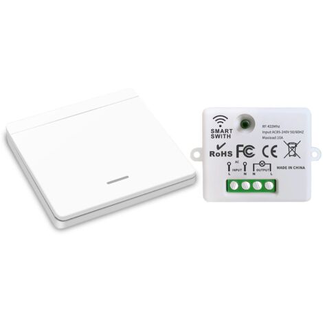 Interrupteur d'éclairage sans fil, interrupteur de sécurité de l'émetteur RF et contrôleur de récepteur 10A, installation facile pour lampe jusqu'à 1500W(1 récepteur et 1 interrupteur)