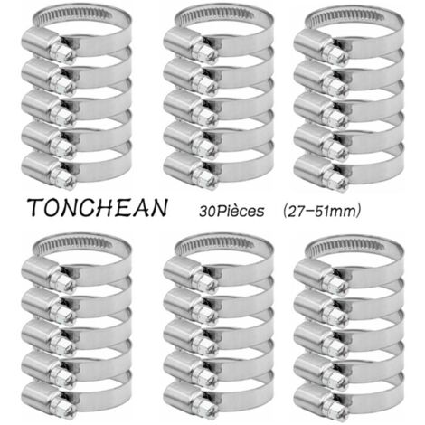 Collier de Serrage Tuyau Rglable 27-51mm Gamme en Acier Inoxydable 304 Assortiment Tuyau Pinces Clips pour Famille Tuyau D\'eau, Home Gaz, Tube D\'automobiles, Robinet 30 Pices (12mm)