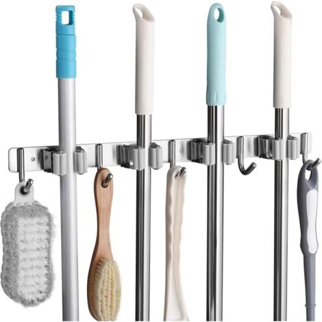 Porte Balai Mural en Acier Inoxydable Accroche Crochet de rangement Balai Mural avec 4 Emplacements et 5 Crochets pour Cuisine, Salle de Bain, Garage et Jardin, Gris