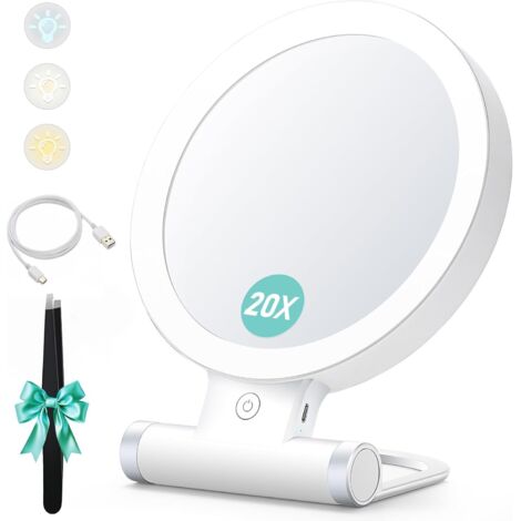 Miroir grossissant avec lumière, 20x/1x, Double Face, Miroir de Maquillage Portable, éclairage 3 Couleurs, écran Tactile à intensité Variable