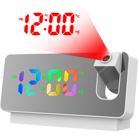 Réveil à projection 180°, réveil numérique avec grand écran LED, réveil analogique sans tic-tac avec date de température, réveil numérique pour chambre à coucher