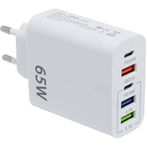 Chargeur USB C Rapide, 65W 5-Port Prise USB Multiple, Chargeur Rapide QC3.0 Multi Adaptateur pour i-Phone 14/13/12/11/XS/X, SAMS-ung Galaxy S23 S22 S21