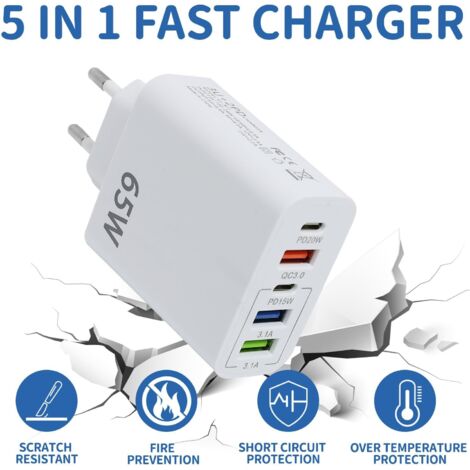 Chargeur USB C 65W GaN 3 Ports Rapide - Compatible IPhone 16/15, Galaxy S24, MacBook Air/Pro (Blanc)