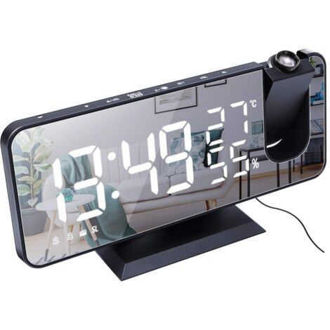 Réveil à Projection pour Chambre à Coucher Grand écran Miroir LED 7,4 '' et Radio-réveil à 4 Gradateurs avec Chargement USB Rotatif à 180 ° 2 Sons