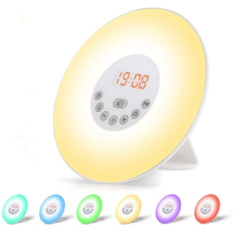 Radio Réveil Lumineux Lampe de Chevet LED Contrôle Tactile Simulation du Lever et du Coucher de Soleil 10 Niveaux de Lumière Snooze 6 Sons Naturels, Veilleuse 7 Couleurs pour Bébé Enfant Adult