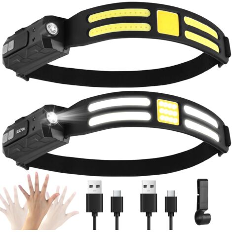 Lot de 2 lampes frontales LED rechargeables - Capteur intelligent avec 6 modes d'éclairage - Affichage numérique de la batterie 0,09 kg - Lampes frontales légères pour la course, le camping, la pêche