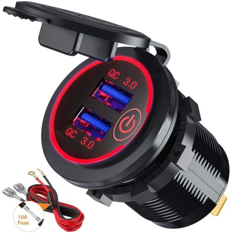 Quick Charge 3.0 Prise de Chargeur Rapide de Voiture USB Adaptateur avec Interrupteur 12V / 24V 36W Dual QC3.0 USB pour Marine, Bateau, Moto, Camion (Rouge)