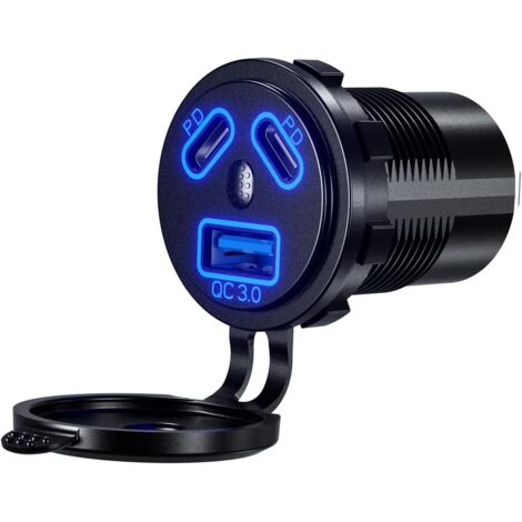 12V Prise de Chargeur de Voiture Double 45W PD Type C et 18W QC3.0 USB avec Interrupteur Étanche pour 9V-32V Bateaux Voitures Moto