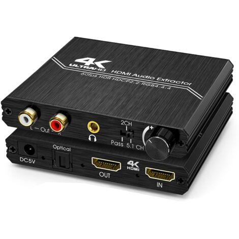 Extracteur Audio HDMI 2.0 – Répartiteur Audio HDMI 4K vers Spdif Optique 3,5 mm AUX Stéréo RCA L/R Convertisseur Audio avec Contrôle Volume Prise en Charge 4K@60Hz HDCP 2.2 HDR 3D YUV 4:4:4