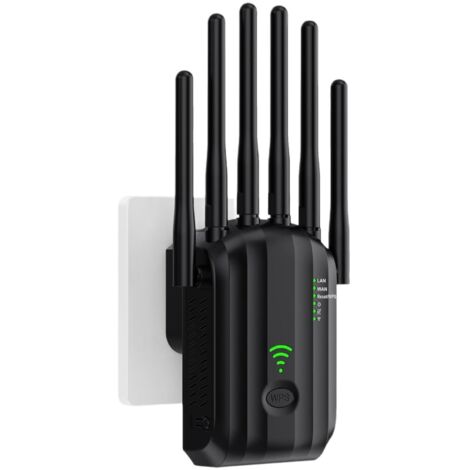 Répéteur WiFi, Amplificateur WiFi, Repeteur WiFi, 6 Antennes, 2 Ports LAN, WiFi Extender, Routeur/Répéteur/AP Mode, Couverture Complète à 360°, Couverture Jusqu'à 300 m², Facile à Installer (Noir) (1/5)