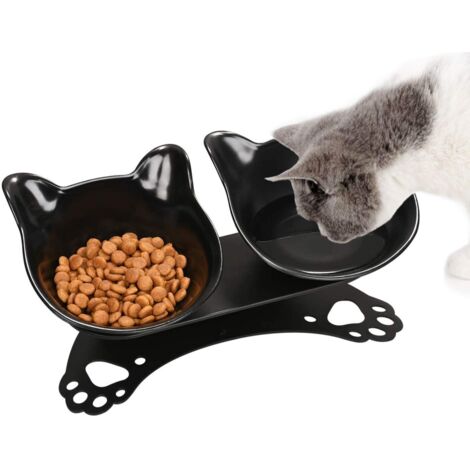 Gamelles pour Chats,Bols pour Chat, Inclinable à 15° Double Gamelle Chat Surélevée,Anti-Dérapant Cou de Protection Bols de Nourriture pour Animaux de Compagnie (Noir) (1/5)