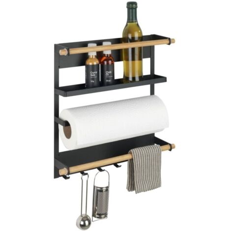 Etagre magntique rfrigrateur , tagre porte pice, drouleur sopalin magntique crochets suspension ustensiles de cuisine, mtal-bambou, 27.5x34x6 cm, noir