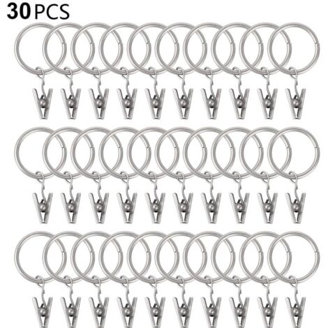 30 anneaux de rideau PCS avec pinces, pinces draperie solides, crochets sur support de tige de tension, diamtre intrieur oeillets en mtal rideaux dcoratifs cintres de fentre, argent