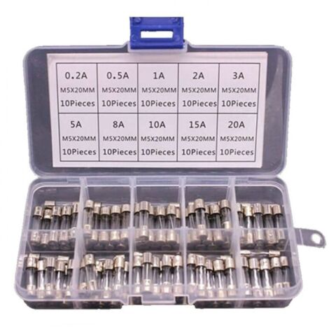 100 fusibles verre 5x20mm en boite Fusible 0.2A 20A,Kits de fusibles bricolage fusibles de Tube de verre soufflage rapide for fournitures mnagres Fusible action rapide