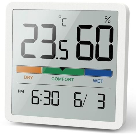 Hygromtre Thermomtre d\'intrieur, thermomtre numrique de bureau avec moniteur de temprature et d\'humidit, thermomtre d\'ambiance jauge d\'humidit prcise avec horloge(Blanc)