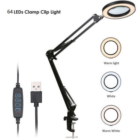 Loupe Loupe avec clip LED Grossissement 5x Luminosit rglable Dimmable 3 couleurs Changement de temprature Lampe de bureau Alimente par USB avec support flexible