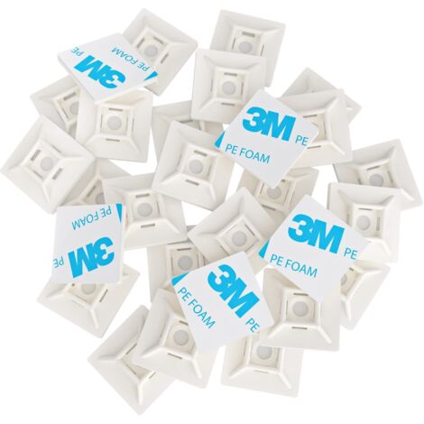 100 Pièces Embases Adhesive pour Attache de Cable, 28mm x 28 mm, Blanc, Serre-Câbles Auto Adhésif, Support de Serre Câble Plastique, Embase pour Collier de Serrage