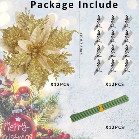 12 Fleurs De Poinsettia Artificielles Pailletées Rouge Doré Avec Tiges Et Clips - Décoration Noël Sapin Mariage Fête