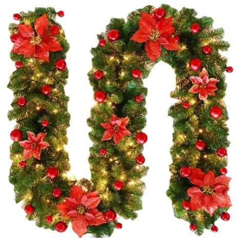 270cm Guirlande De Noël Avec Led, Guirlande Lumineuse Sapin Noel, Couronne Décoration De Vigne Noël Avec Led, Pour Décor Porte Cheminée Escaliers Fête, Intérieure Décoration Vert