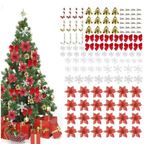 Ensemble Fleurs Noël Scintillantes, 120pcs Ornements Fleurs Arbre de Noël Comprenant 24 Fleurs Poinsettia Scintillantes 24 Clips 12 arcs 12 Cloches 12 Béquilles et 36 Flocons de Neige (Rouge)