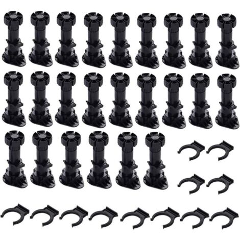 24 pieds Pieds D\'Armoire Plastique,Pied de Meuble,Pied Réglable pour Meuble,Noir Pieds de Meuble Plastique avec Clip Fixation Base pour Meubles de Cuisine,Armoire et Canapé (120mm-150mm)