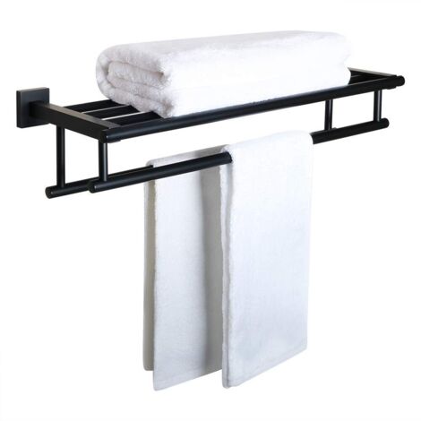 Double Barre Porte Serviette Mural de Salle de Bain, Support Serviette avec Étagère en Acier Inoxydable pour Cuisine Toilette, Longueur 60CM Noir Mat