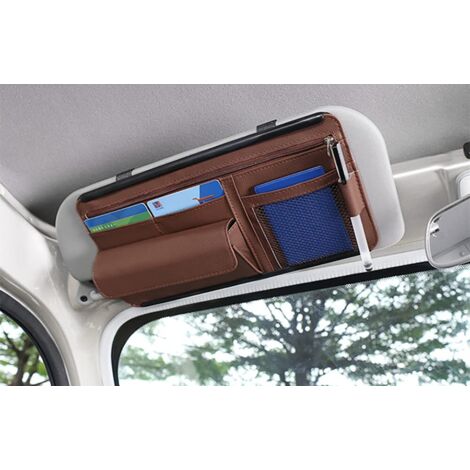 Organisateur de pare-soleil de voiture, pochette de rangement en cuir pour cartes, permis de conduire, stylo, lunettes, documents, compatible avec la plupart des voitures, SUV et camions (marron)
