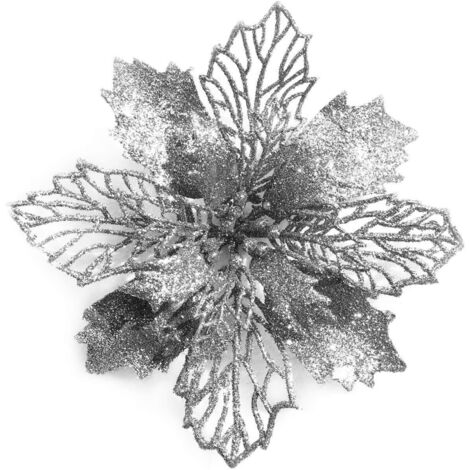 12 fleurs de poinsettia pailletées pour sapin de Noël, 16 cm de diamètre, avec 12 attaches vertes douces (argentées).
