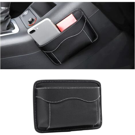 Organiseur Latéral pour Siège de Voiture, Mini Organiseur en Cuir, Pochette Latérale de Rangement pour Auto, pour Organiser Documents, Dossiers, Téléphone, Clés, Monnaie (Noir)